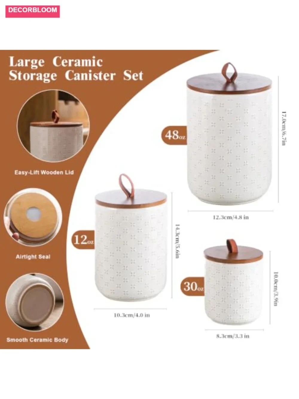 Embossed Ceramic Canister Set with Airtight Bamboo Lids